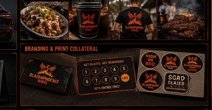 BlazenPhoenix BBQ brand collateral and merchandise preview without pricing