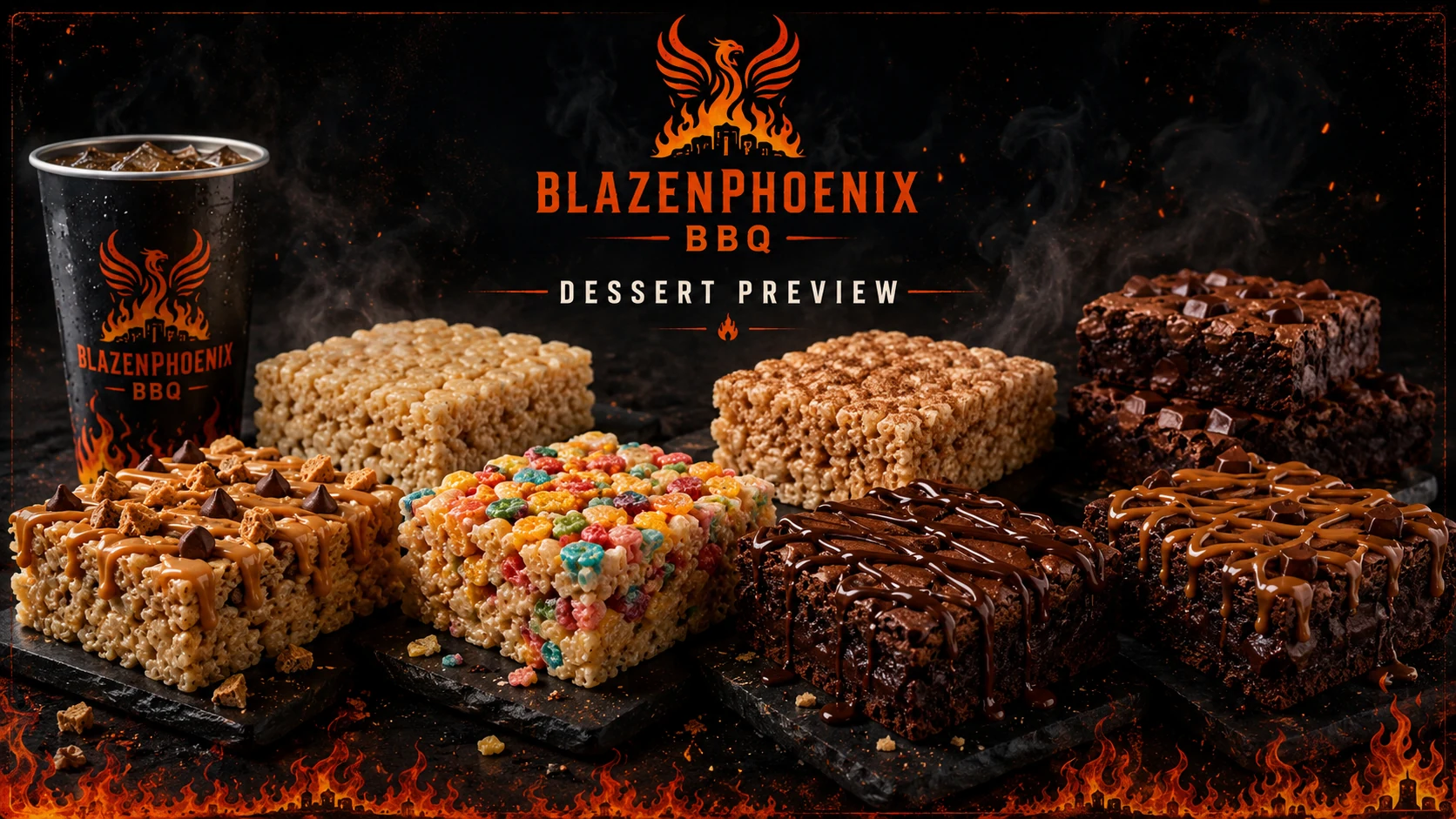 BlazenPhoenix BBQ dessert preview with rice crispy treats, brownies, and a branded drink cup