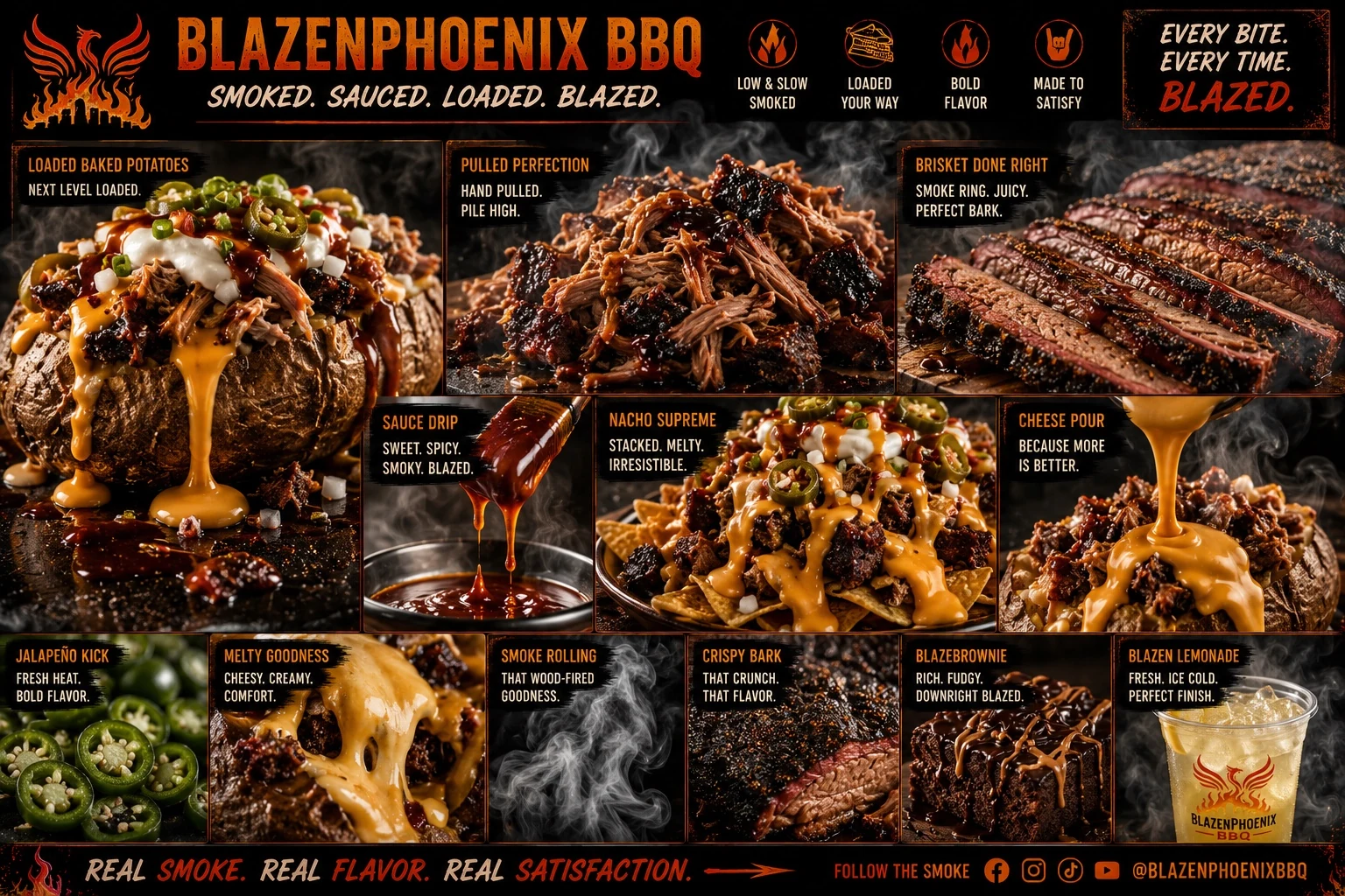 BlazenPhoenix BBQ food concept board with loaded potatoes, pulled pork, brisket, nachos, sauce, desserts, and lemonade